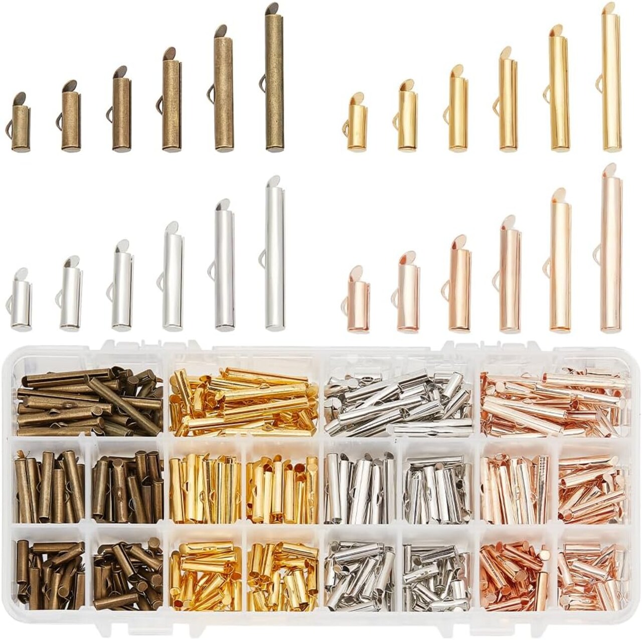 480pcs Slider End Clasps 4 Colors Beading Tubes Slider End Caps Slide Tube End Bar for Seed Beads Looms Multi-Strand Necklace Bracelet Jewelry Making (10/13 / 16/20 / 25 / 30mm)